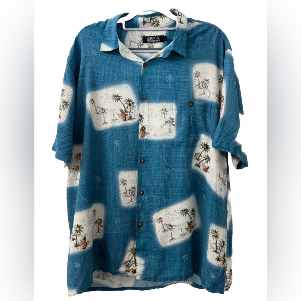 Boca Classics Tropical Hawaiian Button Up Shirt Blue Palm Print Size L